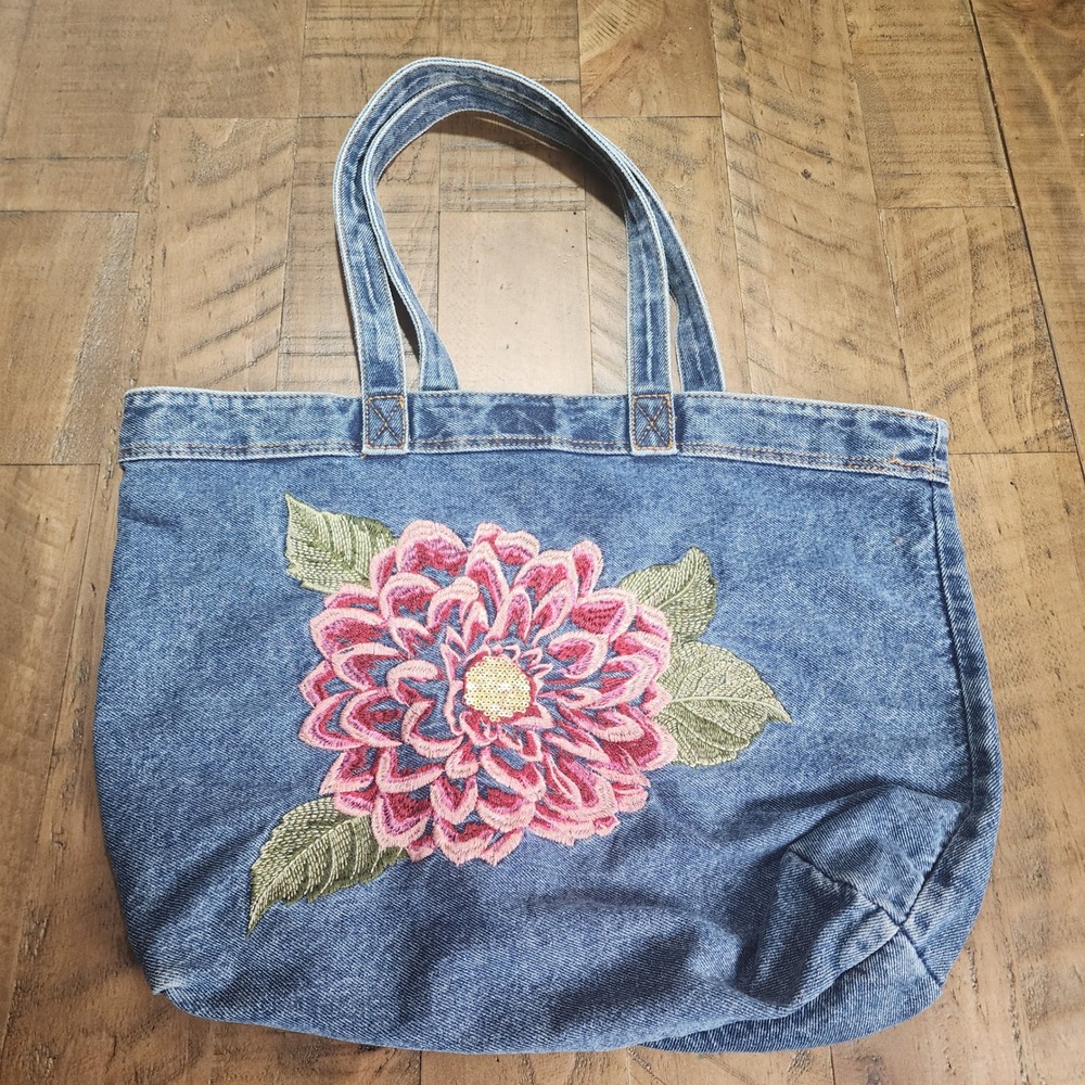 Dorothy Grant Denim Tote Bag Blue Floral Embroidered Cotton Pocket Handbag